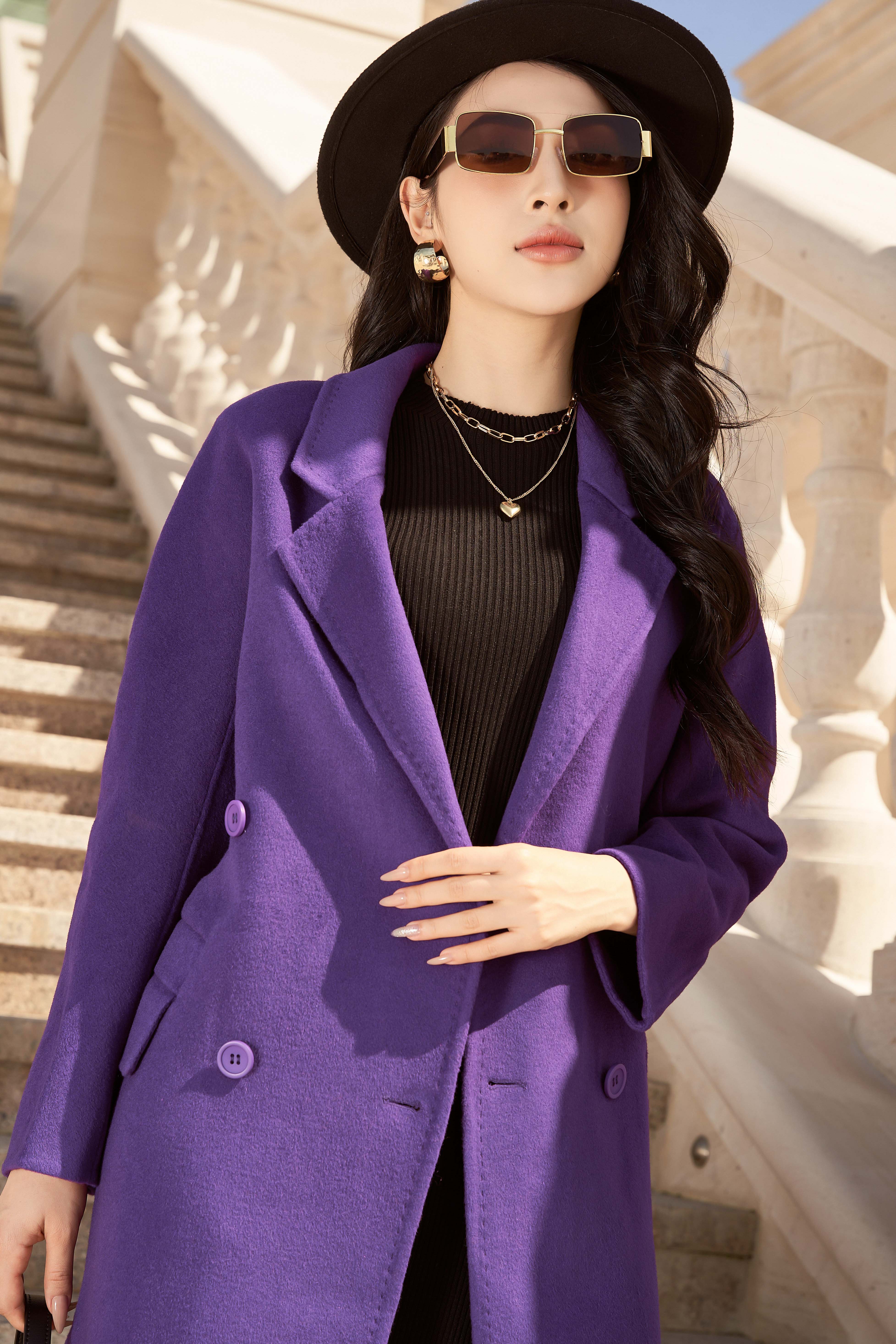 Áo khoác dáng dài - Purple Notch Lapel Neck Long Coat
