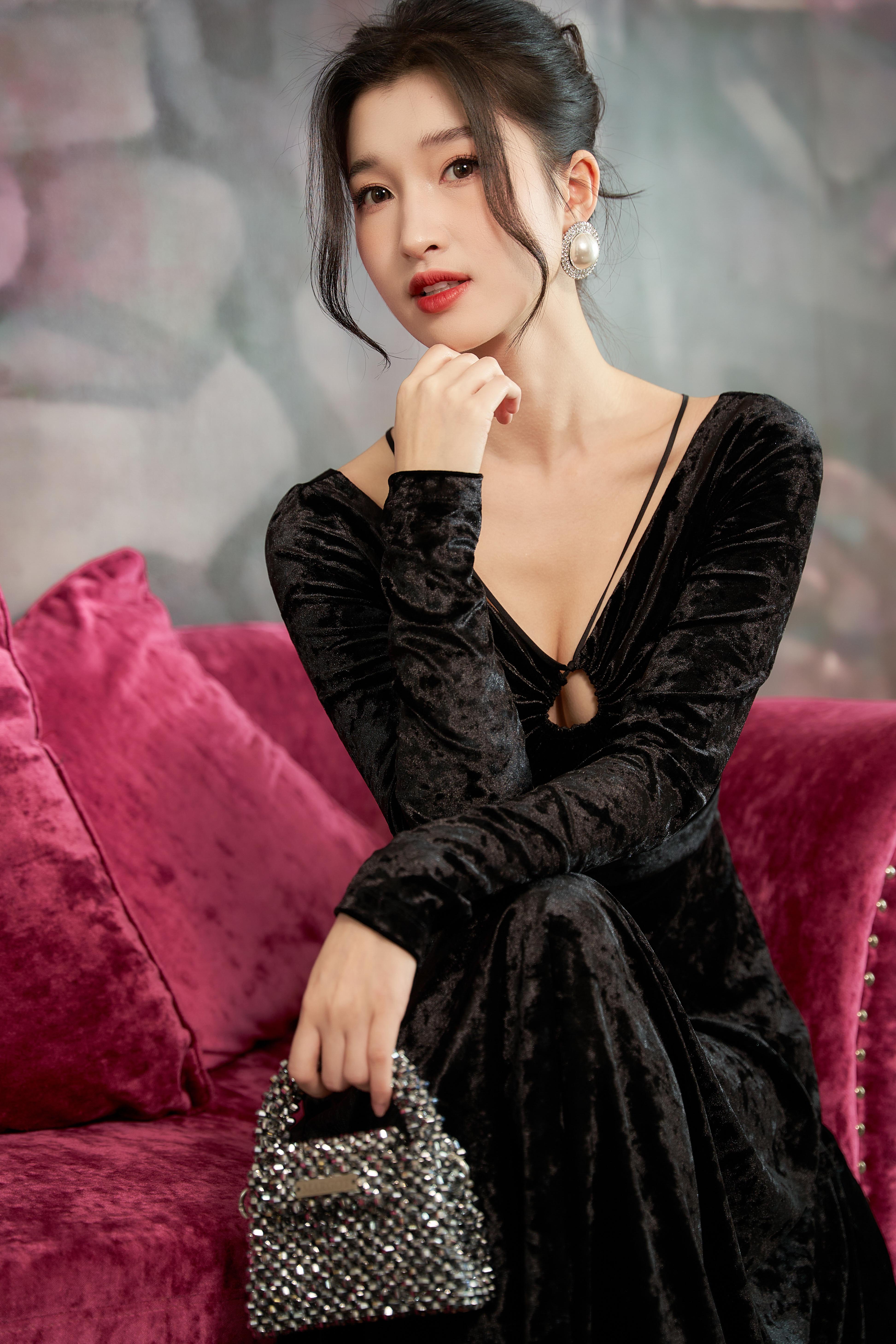 chinese dress ladies Black Burnout Velvet Long Sleeve Midi Dress