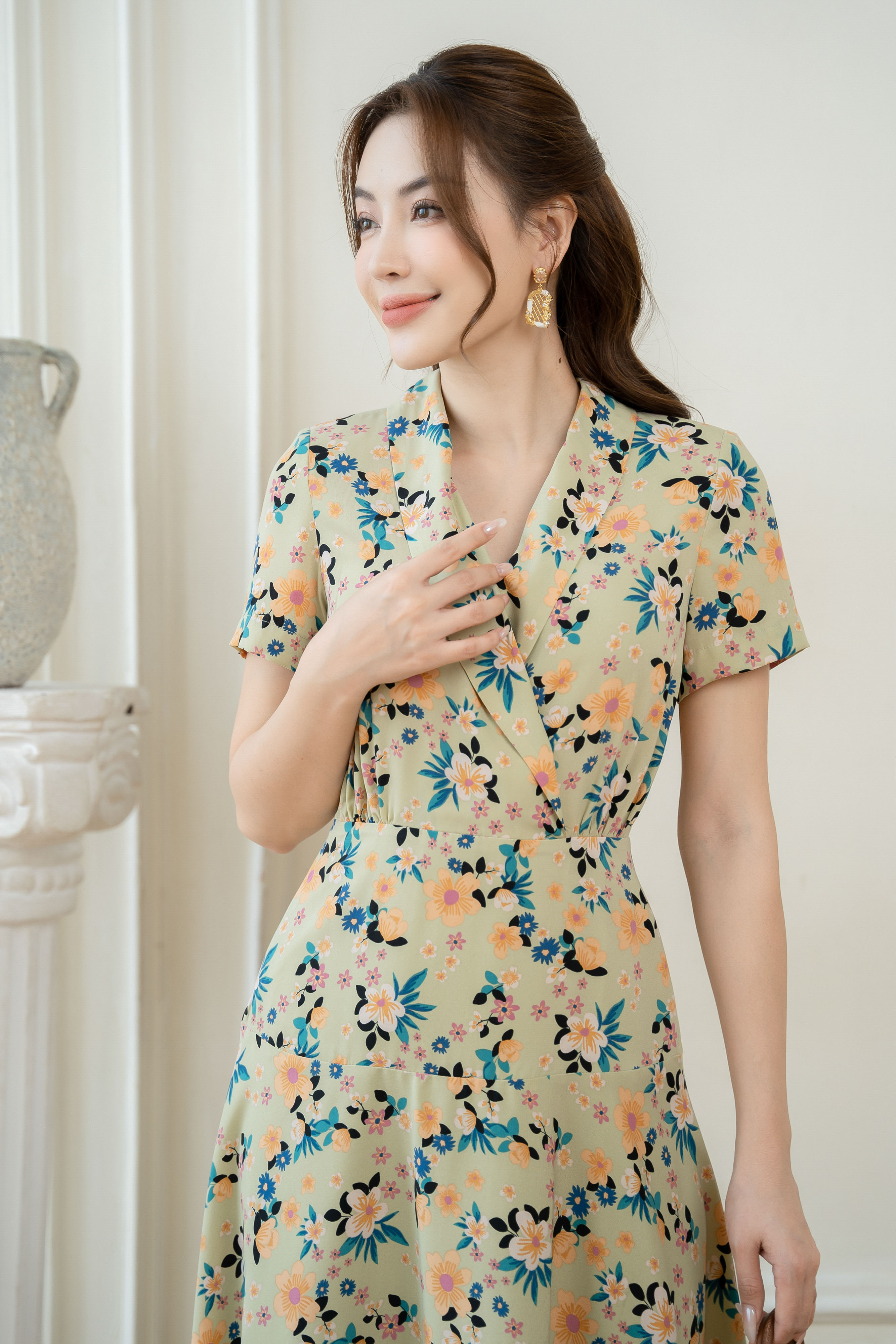 met gala 2022 green dress Women Floral Silk Midi Dress Ruffle Hem Short Sleeve Green Silk Dress main image 1