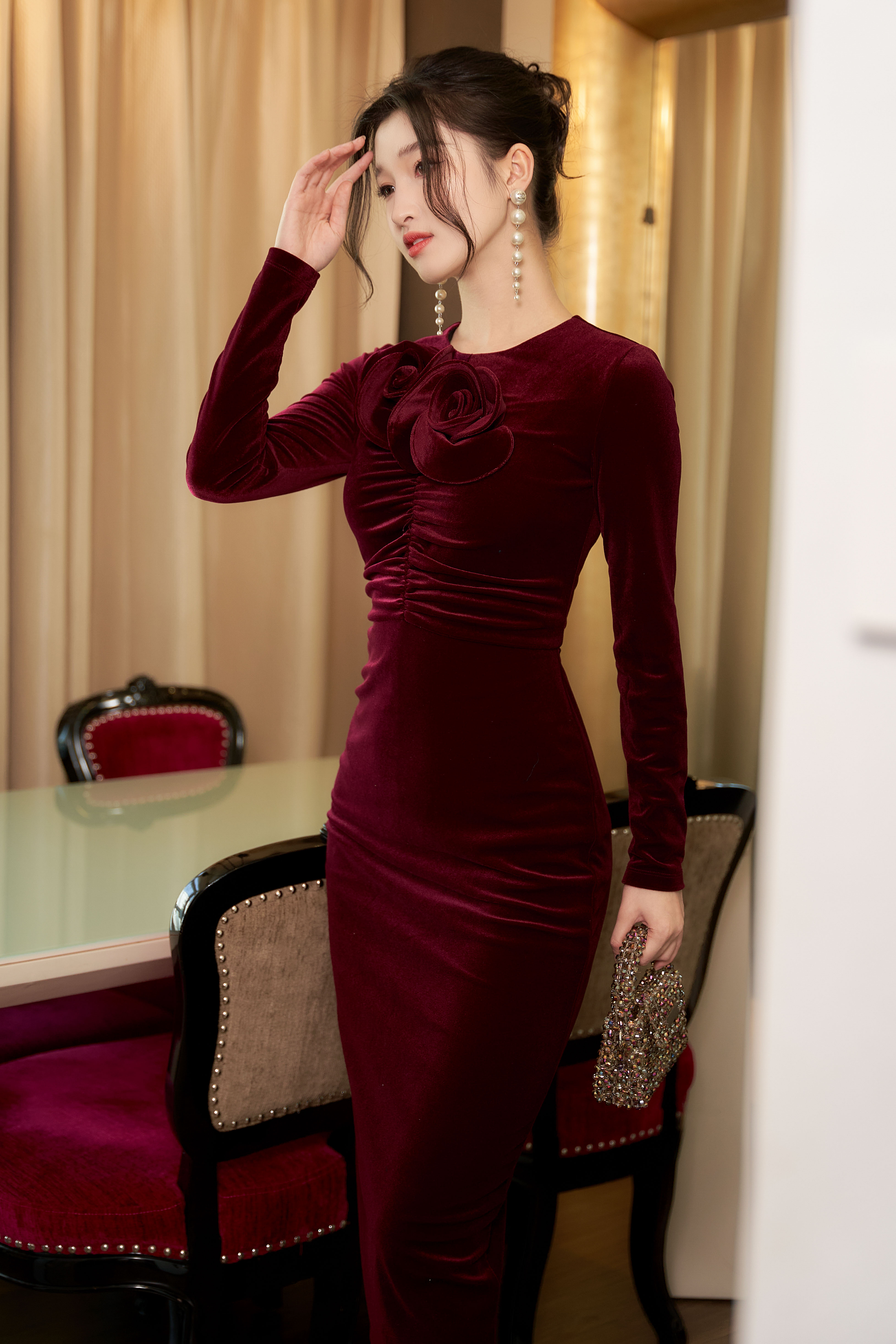Womens Sexy High Neck Long Sleeves Cocktail Gown Side Split Bodycon Velvet  Dress