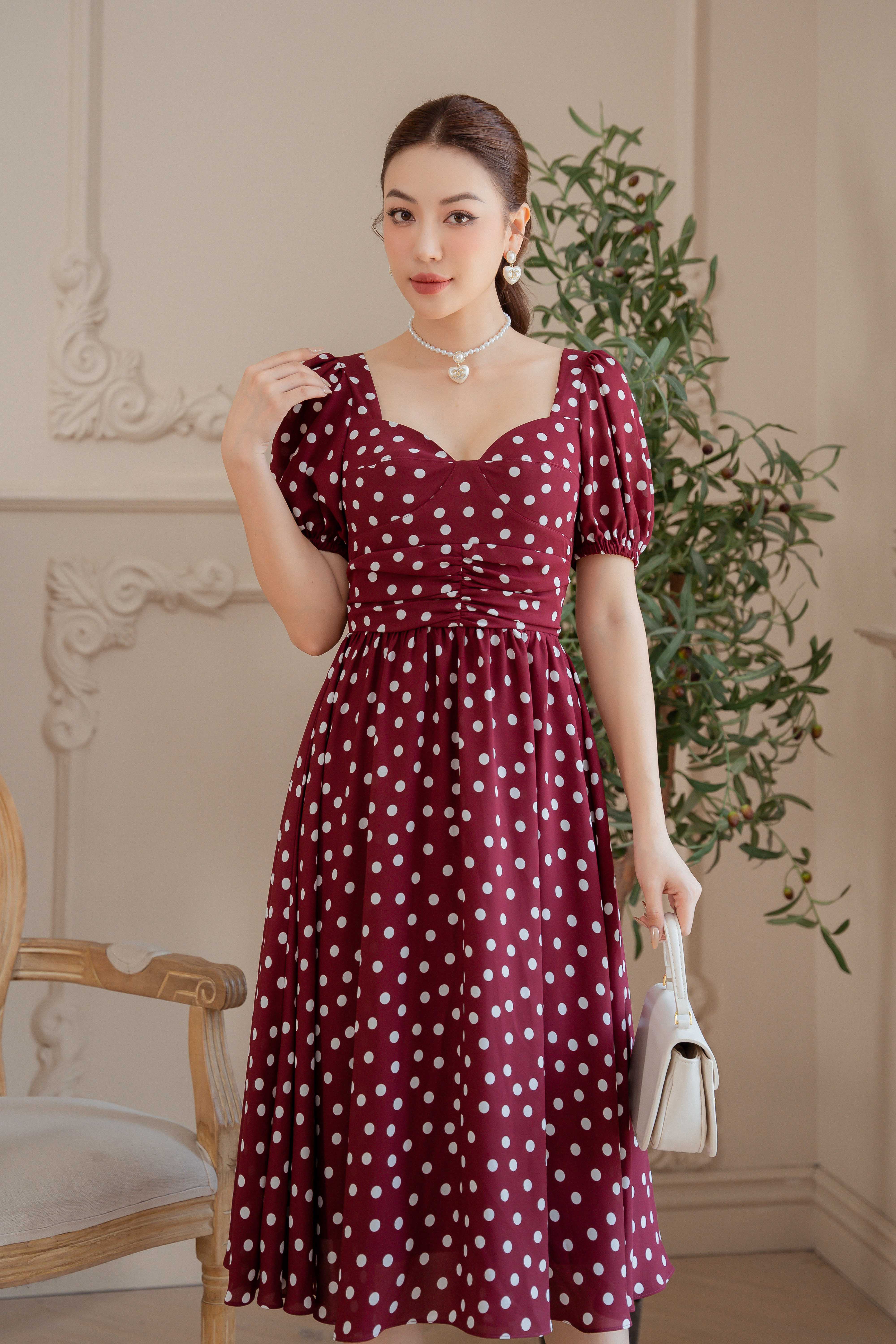 Váy Đầm - Polka Dot Midi Chiffon Dress