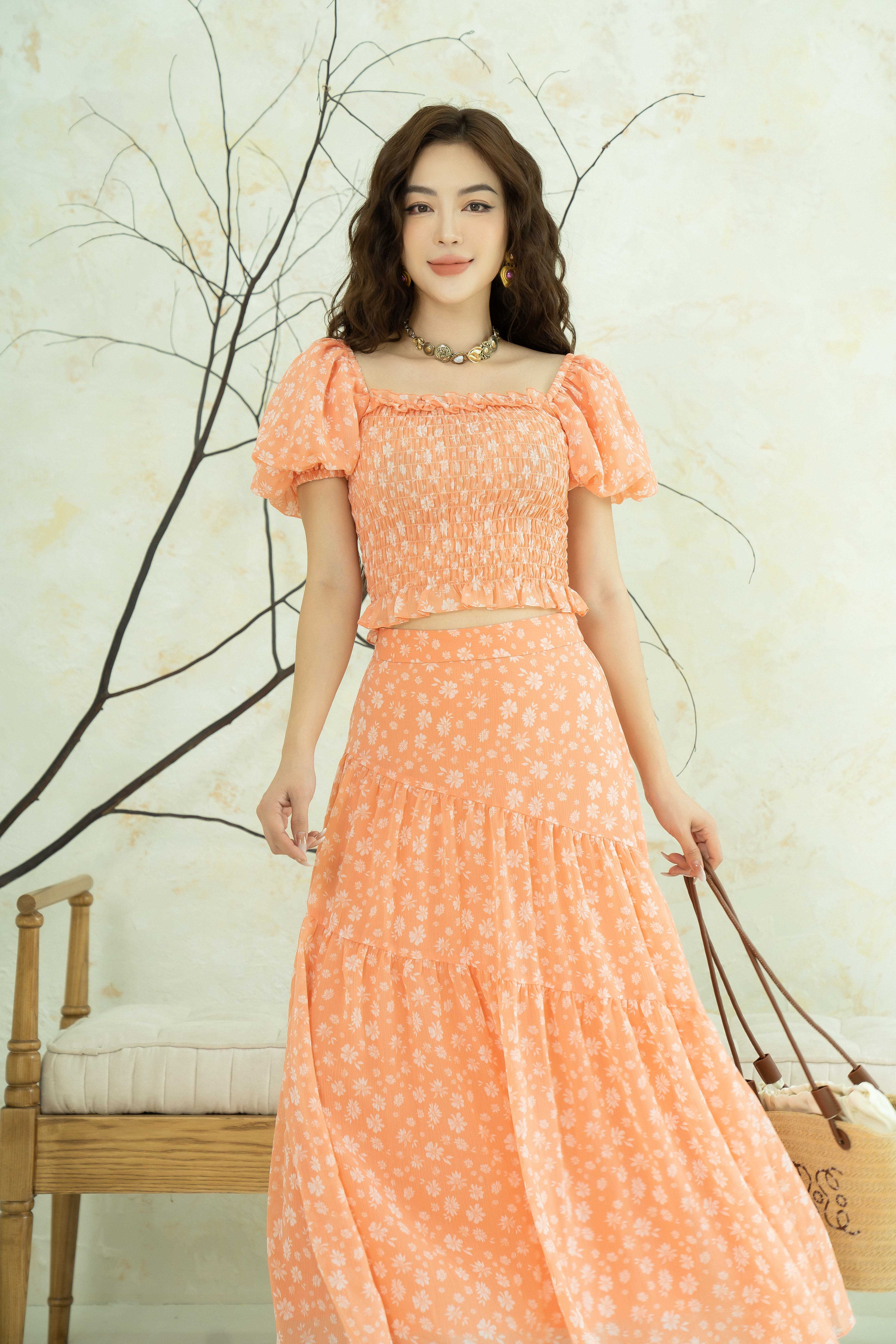Chn vy - Light Orange Floral Midi Voile Skirt
