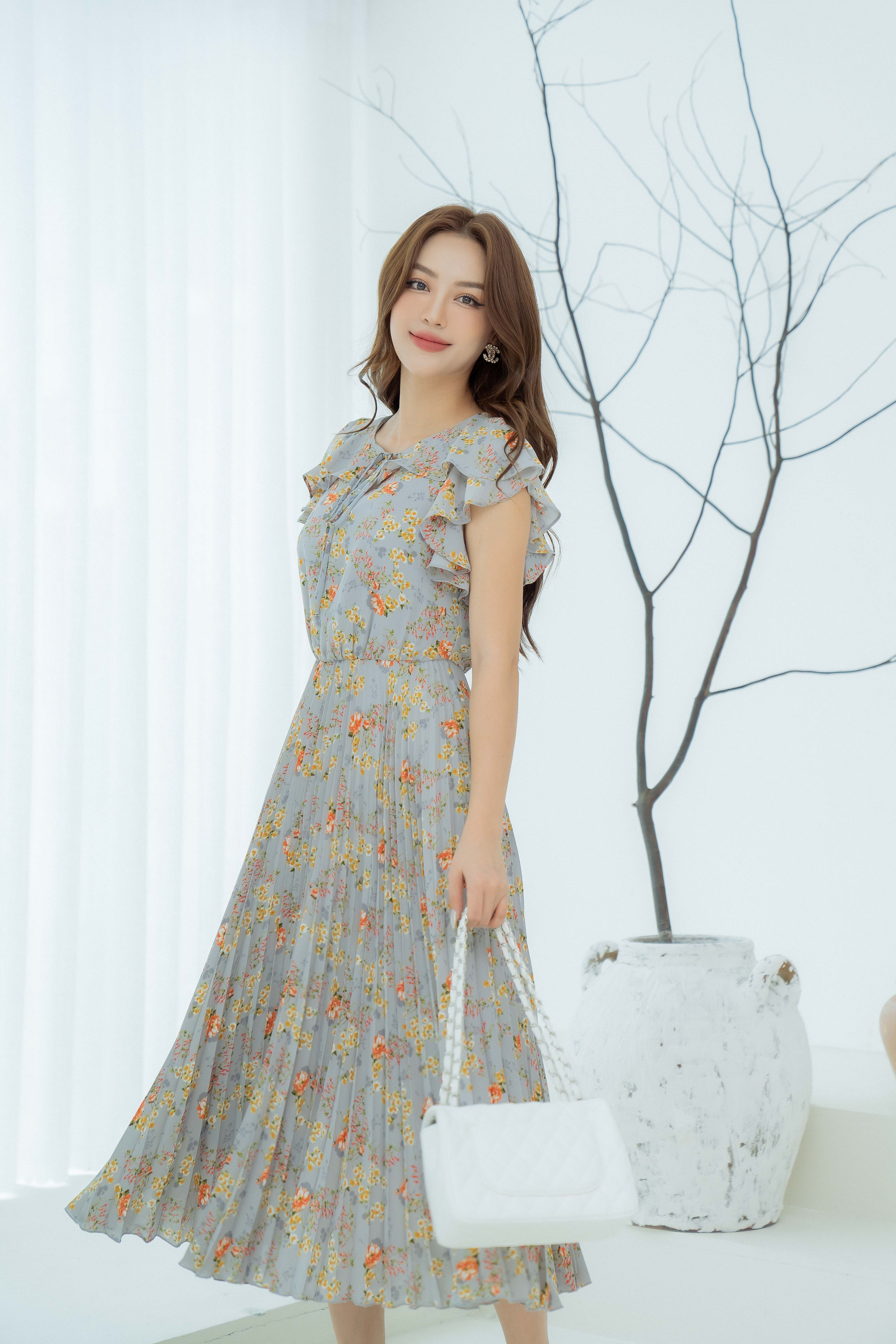 Váy Đầm - Grey Floral Maxi Chiffon Dress