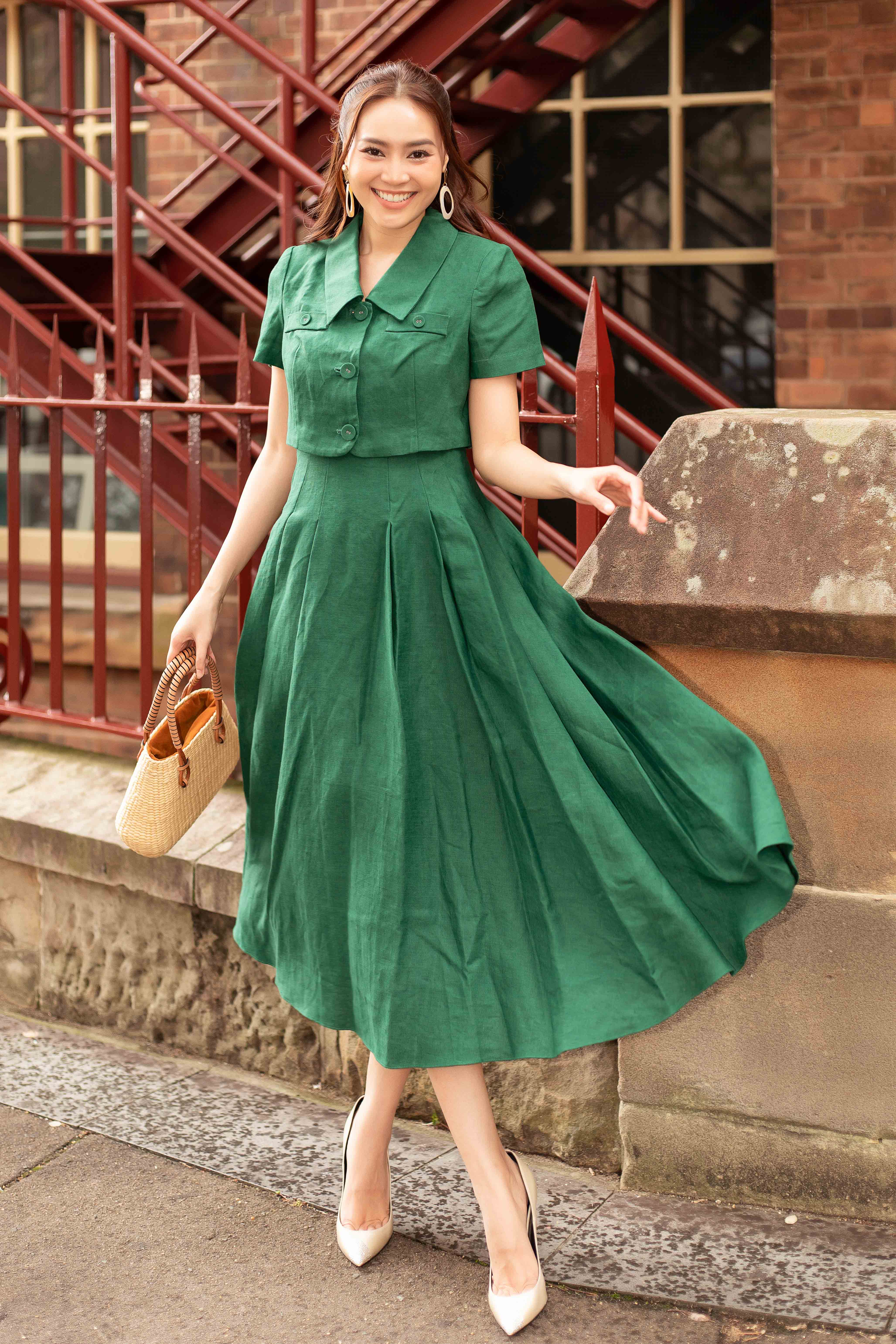 Set đồ nữ - Dark Green Linen Dress And Vest Set