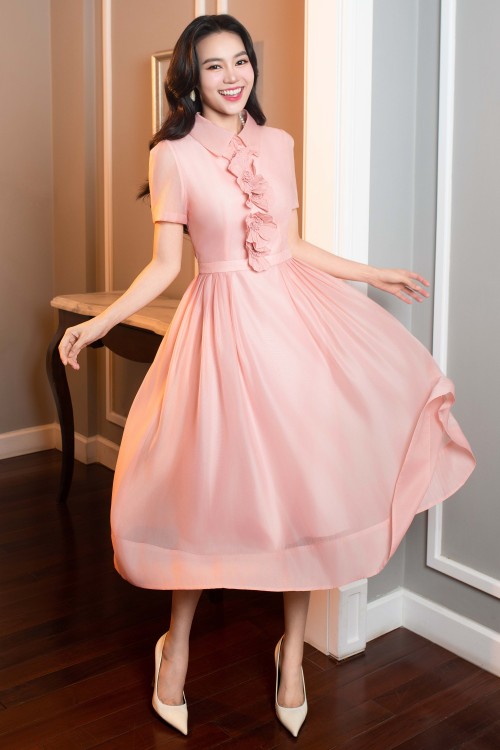 Light Pink 3D Flower Organza Flared Dress