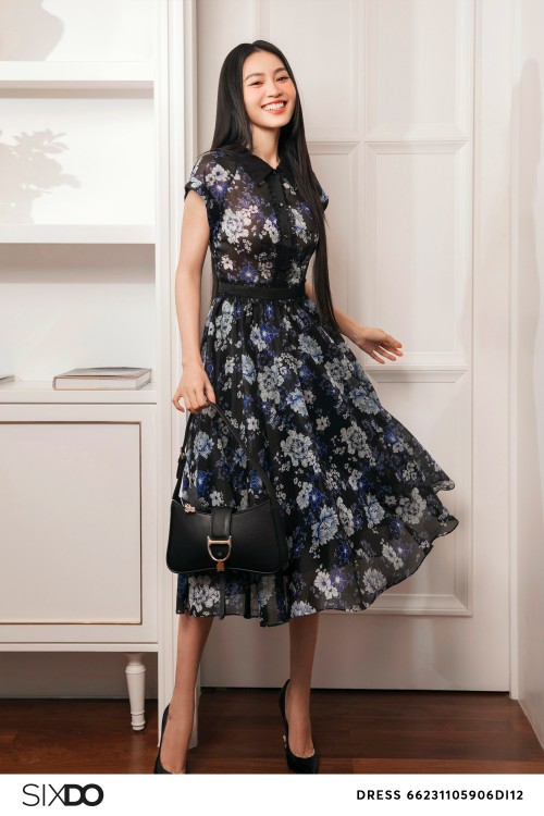 Blue-Black Sixdo Print Organza Midi Dress