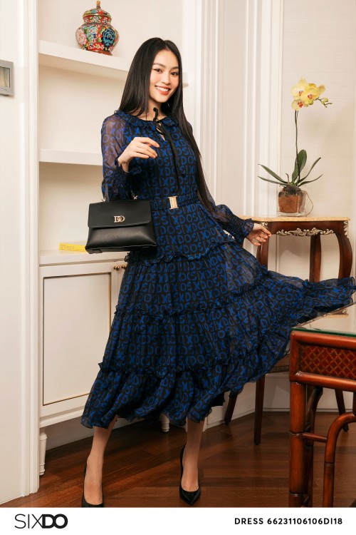 Blue-Black Sixdo Print Voile Midi Dress