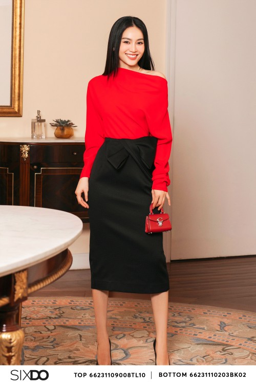 Black Bow-tie Woven Midi Skirt