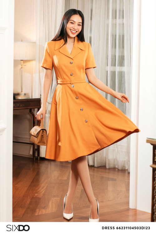 Orange Short Sleeves Midi Raw Dress