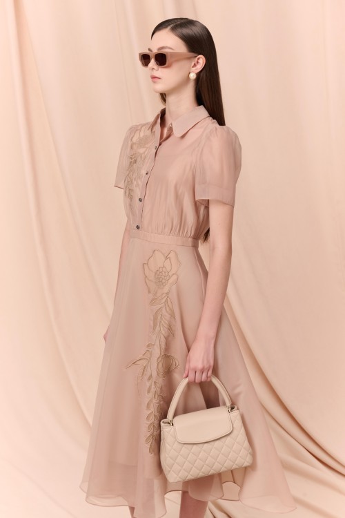 Sixdo Dark Beige Flower Embroidery Organza Flared Dress