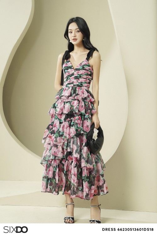 Black Cherry Blossom Off-shoulder Maxi Voile Dress