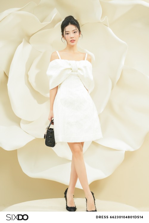 Cream Off-shoulder Mini Brocade Dress