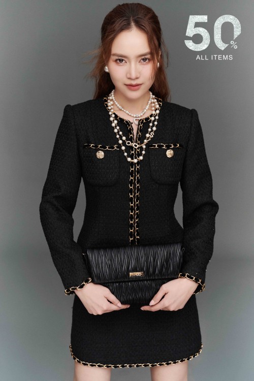 Black Long Sleeves Tweed Vest