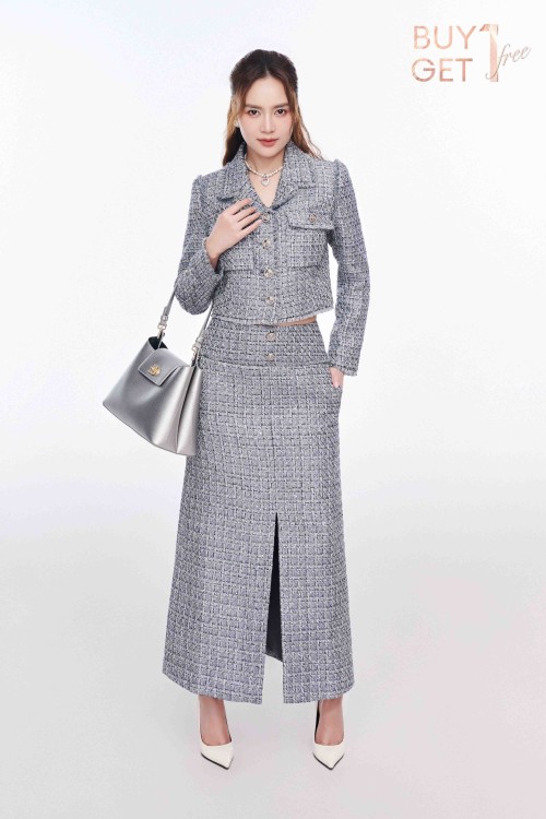 Dark Grey Tweed Flared Skirt