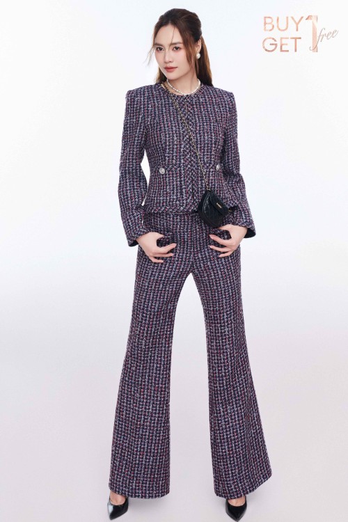 Navy Tweed Flared Pants