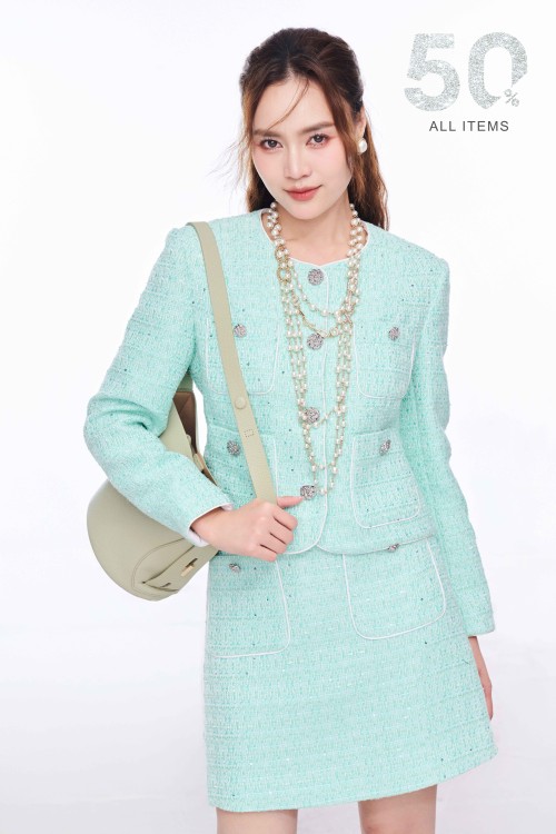 Light Turquoise Long Sleeves Tweed Vest