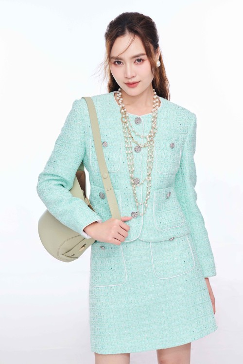 Light Turquoise Long Sleeves Tweed Vest