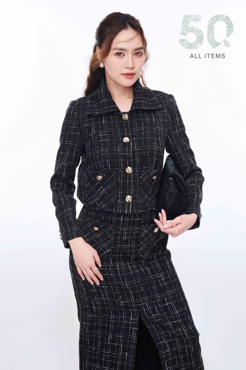 Black Long Sleeves Tweed Vest