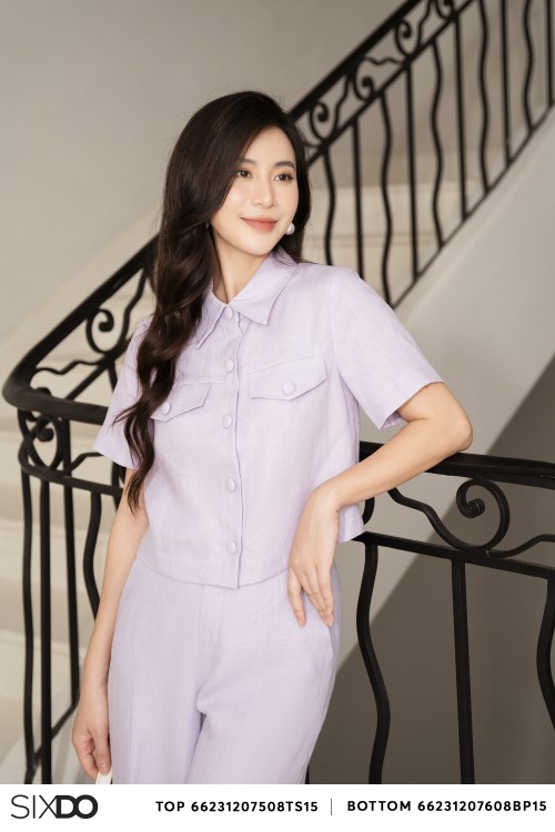 Purple Short Sleeves Linen Shirt