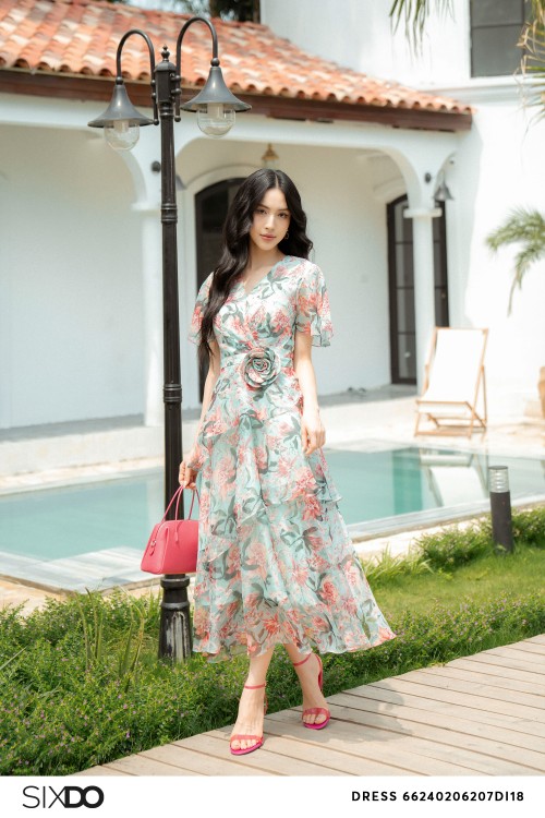Turquoise Voile Midi Dress With Flower