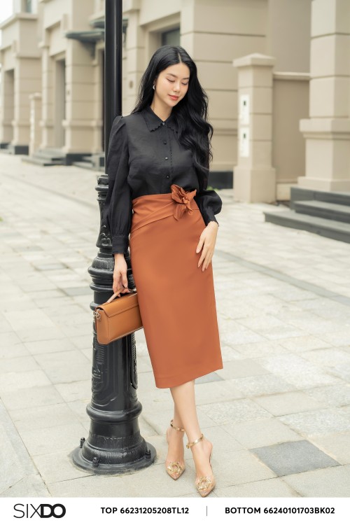 Brown 3D Flower Woven Midi Skirt