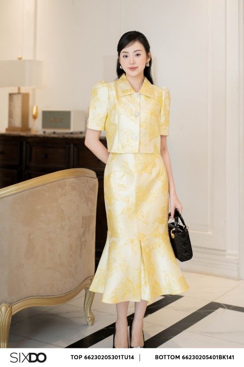 Light Yellow Lily Midi Brocade Skirt