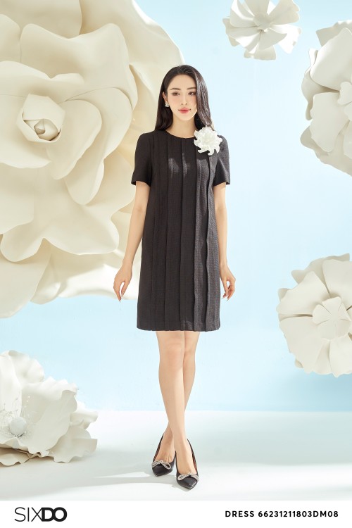 Black Tweed Mini Dress With Flower