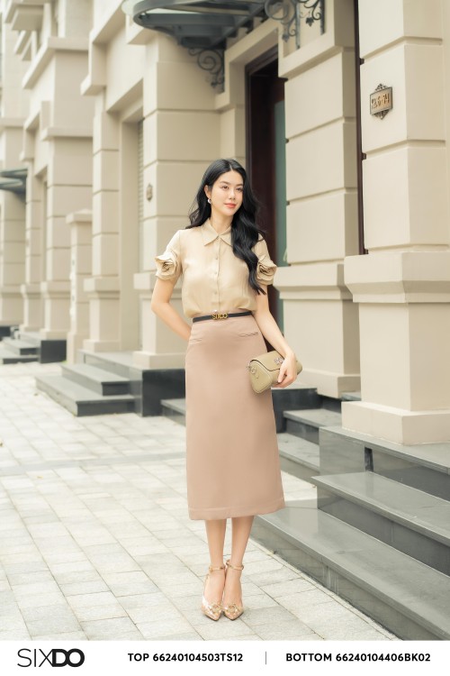 Yellowish Brown Straight Woven Midi Skirt