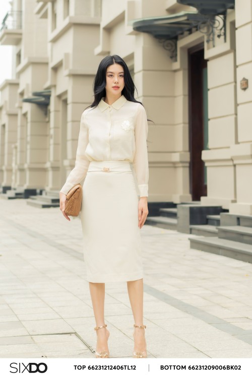Cream Straight Woven Midi Skirt