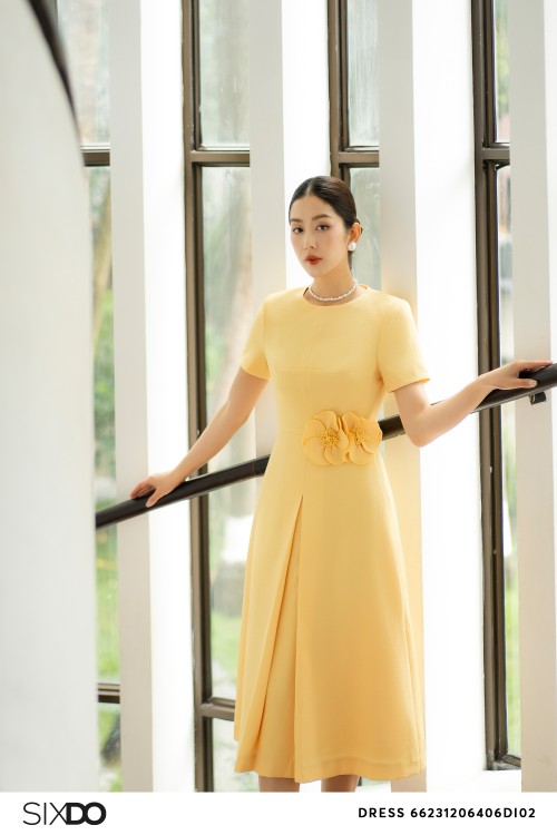 Yellow 3D Flower Woven Midi Dress