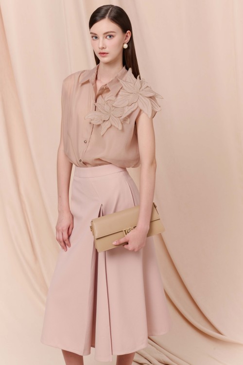 Sixdo Beige Woven Flared Skirt