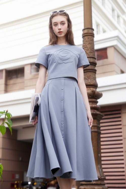 Sixdo Blue Grey Raw Flared Skirt