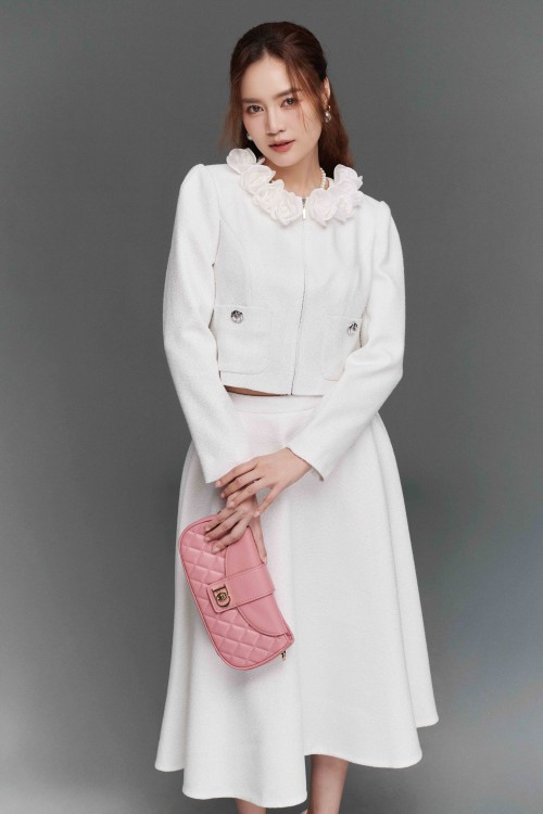 Sixdo White Tweed Flared Skirt