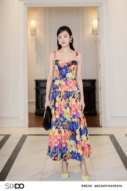 Multicolor Floral Midi Silk Dress