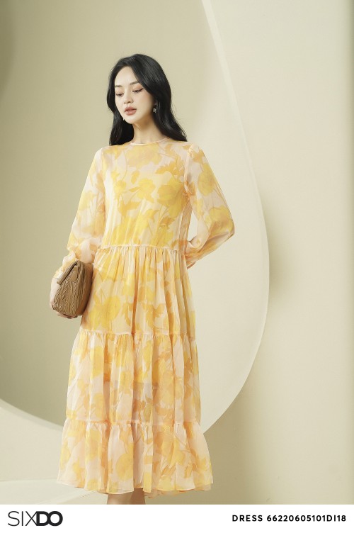 Yellow Floral Ruffled Midi Voile Dress