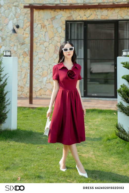 Wine Woven Midi Dress With Flower