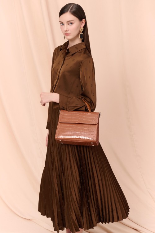 Sixdo Brown Pleated Silk Midi Skirt