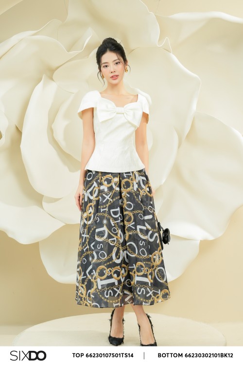 Black Baroque Print Pleated Midi Skirt