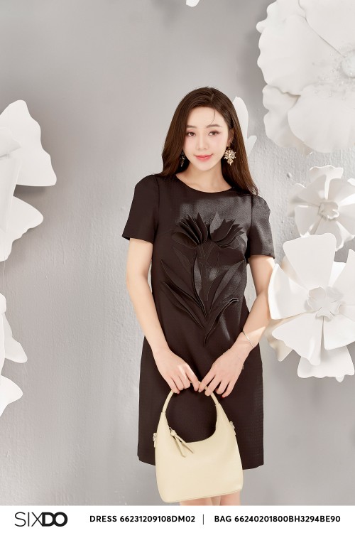 Sixdo Black 3D Flower Woven Mini Dress