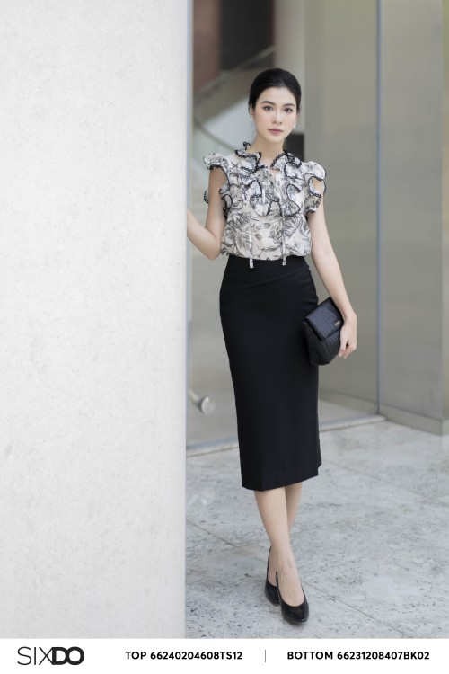 Black Straight Woven Midi Skirt