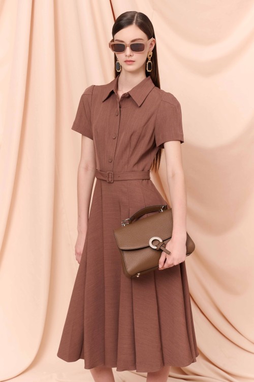 Sixdo Brown Short Sleeves Tuytsi Midi Dress