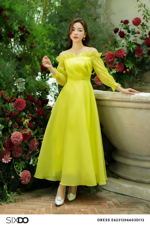 Chartreuse Off-shoulder Organza Midi Dress