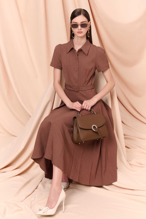 Brown Short Sleeves Tuytsi Midi Dress