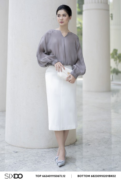White Straight Midi Woven Skirt