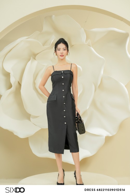 Black Rose Strappy Midi Brocade Dress
