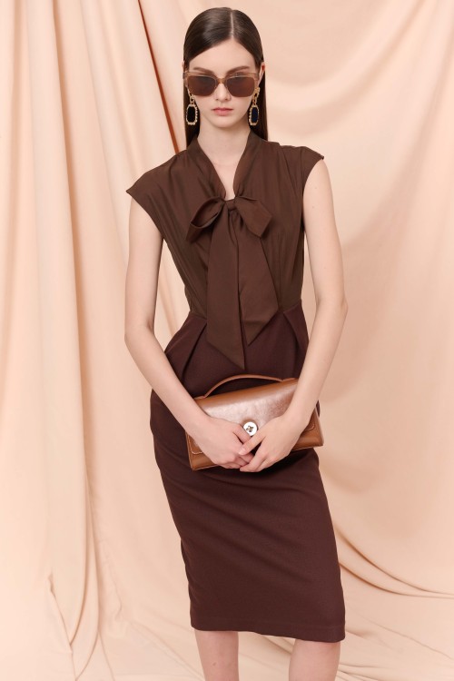 Brown Bow-tie Raw Pencil Dress