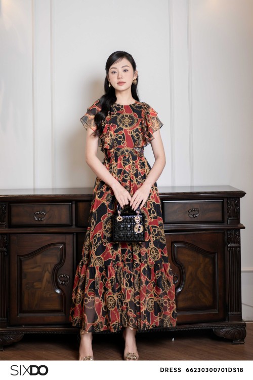 Black Baroque Print Tiered Midi Voile Dress