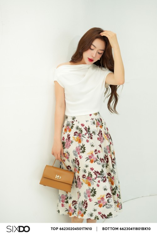 Sixdo Cream Floral Midi Silk Skirt (Chân váy)