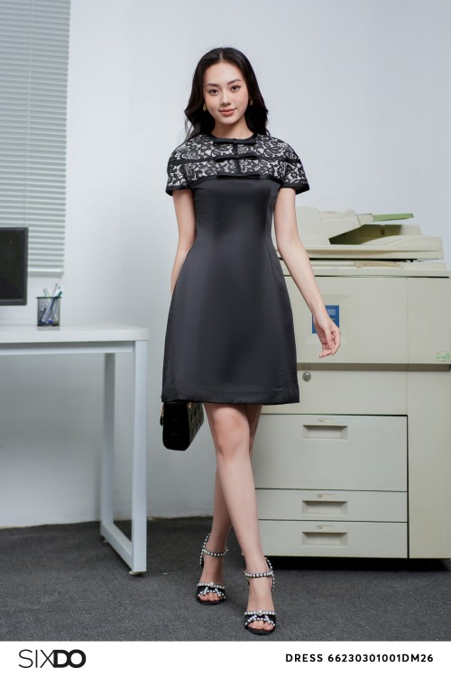 Sixdo Black Short Sleeves Mini Taffeta Dress