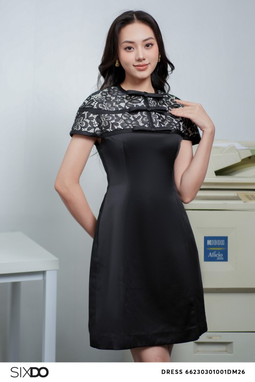 Black Short Sleeves Mini Taffeta Dress